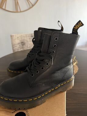 Dr. Martens Black Kids Lace-Up Boots with Yellow Stitching